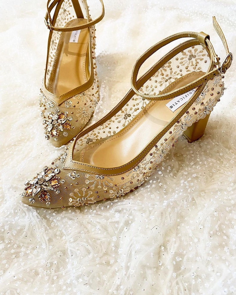 Gold Ankle Strap Shoe Lace Embroidery Heels Rhinestone Bridal Etsy