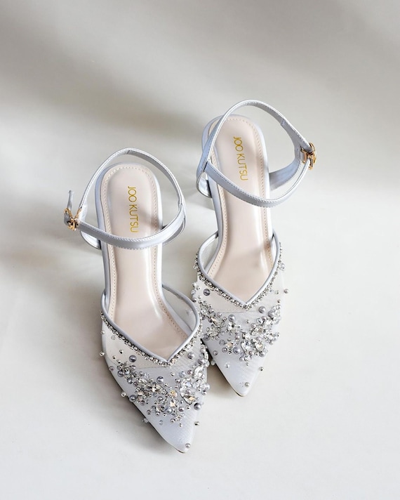 silver pearl embellishment party shoe, metallic classy elegant wedding guest heels, rhinestone classic shoe, handmade glam pointed toe shoe