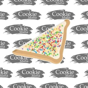 May include: A white triangular-shaped cookie with colourful sprinkles on top. The cookie is on a white background with a repeating pattern of the words "Cookie Mafia" in grey.
