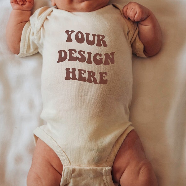 Natural Rabbit Skins Styled Onesie Mockup With Baby Model, Baby Onesie Mock Up, Baby Mock Up, Bodysuit Mock Up, Boho Baby Mock Up