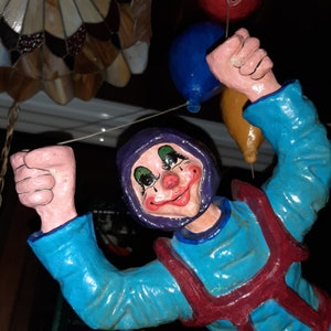 Vintage Paper Mache Clown Hanging Skydiver with Balloons Parachute Large Unique