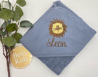 Hooded towel with name, personalized, terry cloth, baby towel, bath towel, smoke blue. 100x100cm, 75x75cm