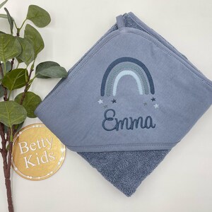 Hooded towel with name, personalized, terry cloth, baby towel, bath towel, smoke blue. 100 x 100 cm or 75 x 75 cm