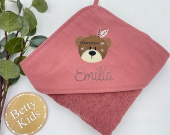 Hooded towel with name, personalized, terry cloth, baby towel, bath towel old pink, 100 x 100 cm or 75 x 75 cm