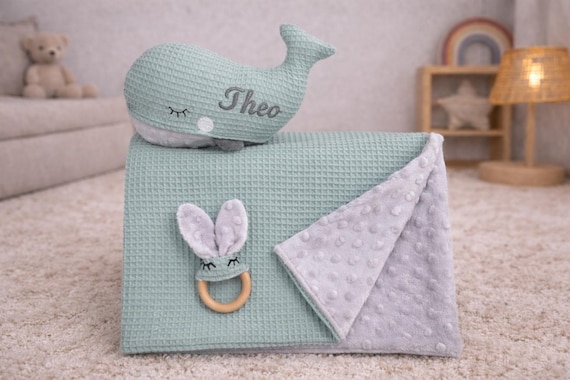Babydecke  mit Name personalisiert Waffelpique, Minky grau