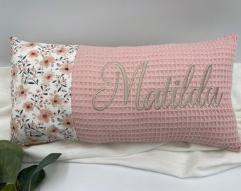 Baby Kissen mit Name personalisiert , Geburtskissen, Quitte, Waffelpique, rosa,