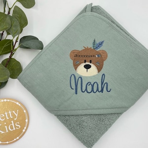 Hooded towel with name, personalized, terry cloth, baby towel, bath towel old green, 100 x 100 cm or 75 x 75 cm