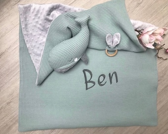 Babydecke  mit Name personalisiert Waffelpique, Minky grau