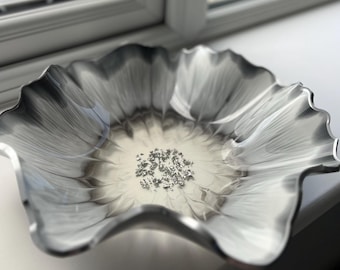 Large Resin Bowl: Light Grey, Silver Leaf, Decorative Centerpiece