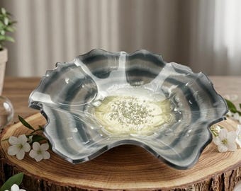 Large Handmade Resin Bowl | White & Silver Flower Bowl | One-of-a-Kind Decorative Centrepiece