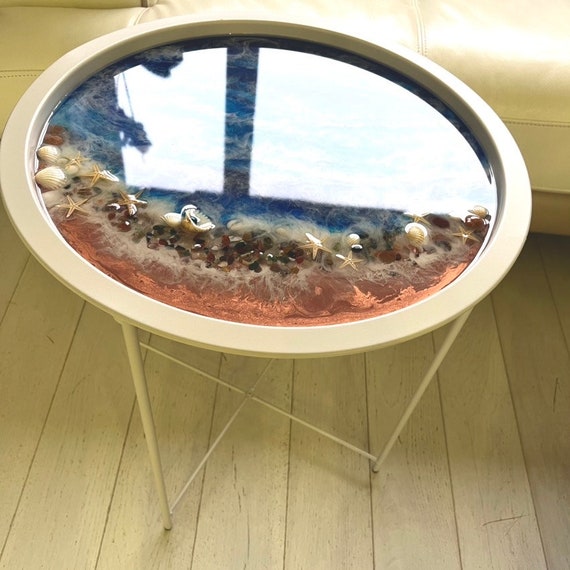 Round Side Table Folding Resin Table With Sea Waves Handmade Epoxy