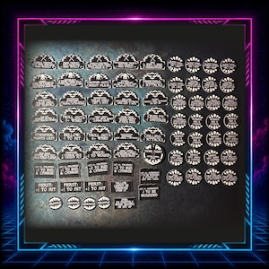 May include: A collection of black and white gaming tokens featuring various text labels, including 'Bellow', 'Troll Guts', 'Stampede', 'Feast', and 'More Meat'. The set includes rectangular and circular markers with printed rules and game statistics.
