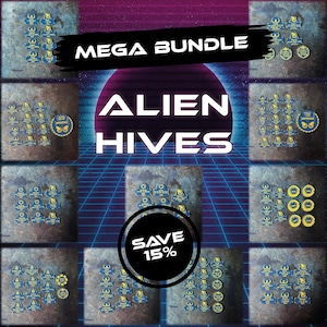 Peut inclure: Une collection de jetons et marqueurs de jeu bleus et jaunes disposés en grille, avec le texte MEGA BUNDLE ALIEN HIVES et SAVE 15%. Les jetons présentent diverses icônes et étiquettes sur un fond sombre à grille de style rétro.