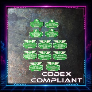 May include: A collection of eleven green rectangular game tokens with white text and winged icons. Each token features specific rules such as Mantle, Immolator, Artifice, Forged, Wrath, Crucible, Vengeance, Immolation, and Blazing, all labelled Seekers.