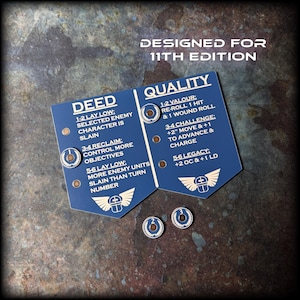 May include: A blue game reference card with white text titled DEED and QUALITY, designed for 11th edition. It features winged skull icons, bullet points for game rules, and small circular tokens marked with numbers 2 and 3 for tracking gameplay.