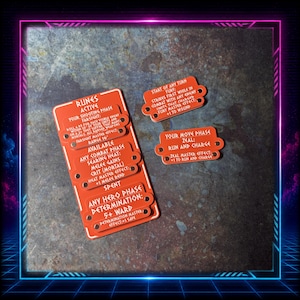 May include: A set of orange rectangular game tokens with white text detailing rules for Runes, Farsight, Searing Heat, Determination, Fury, and Zeal. The tokens feature small circular holes on the sides and display specific game phase instructions.