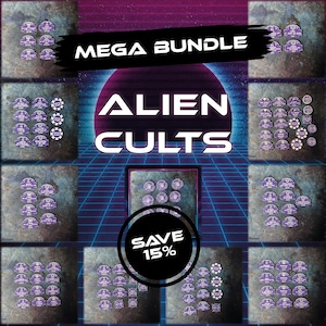 May include: A collection of purple circular and semi-circular tokens featuring white text and symbols, arranged in a grid. The image includes the text MEGA BUNDLE, ALIEN CULTS, and SAVE 15% over a dark, retro-style background with a purple sun.
