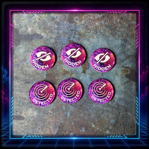 May include: Six circular tokens featuring a vibrant purple and pink galaxy-like pattern. Three tokens display a white eye icon with a slash and the text HIDDEN, while the other three display a white radar icon and the text DETECTED.