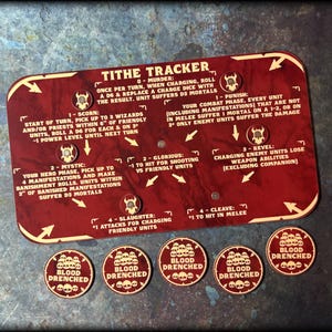 May include: A burgundy Tithe Tracker board with white text and arrows, and five matching Blood Drenched tokens. The board lists rules for a tabletop game, with icons and text. The tokens have a skull design.