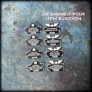 May include: A set of eight black and white rectangular game tokens with rounded edges, featuring text and icons. The text reads DESIGNED FOR 11TH EDITION, SHROUD, CONTEMPT, INSTINCTS, FEINT, RAPTOR, LAY LOW, CORONAL, and FUSILLADE with TALONS branding.