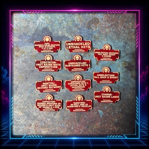 May include: A set of ten rectangular red game tokens with white text and icons. Each token features a gear-shaped top with a skull or square symbol, displaying specific game rules like Unshackled, Lethal Hits, and Eradication for tabletop play.