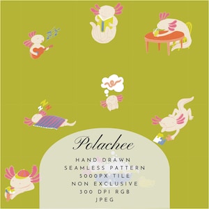 May include: A seamless pattern featuring cartoon axolotls in various poses on a green background. Some axolotls are playing guitar, reading, drinking, and sleeping. The pattern includes the text "Polachee" and other details.
