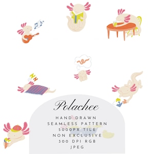 May include: A whimsical illustration featuring axolotls in various activities. One plays a guitar, another reads a book, and another enjoys a drink. The image includes the text "Polachee" and details about the seamless pattern.