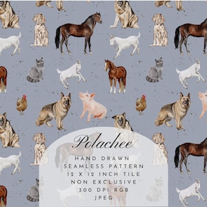 Watercolor farm animals, goat, shepherd, horse, cat, hen, pig, dog, eggshell, hand drawn design, repeat pattern, Seamless fabric, non excl