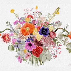 Aquarelle personnalisée, dessin de bouquet de mariée sur mesure, fleurs de mariage personnalisées, art floral botanique numérique, réplique de bouquet