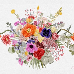 Aquarelle personnalisée, dessin de bouquet de mariée sur mesure, fleurs de mariage personnalisées, art floral botanique numérique, réplique de bouquet