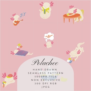 May include: A seamless pattern featuring cartoon axolotls in various poses on a pink background. Some axolotls are playing guitar, reading, drinking, sleeping, and thinking. The text "Polachee" and other details are also included.
