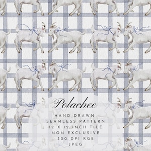 Può includere: Un motivo ripetuto con capre bianche con fiocchi blu su uno sfondo a scacchi blu e bianco. Le capre sono disegnate a mano e il motivo è una piastrella di 30,48 cm x 30,48 cm. Il testo "Polachee" è anche visibile.