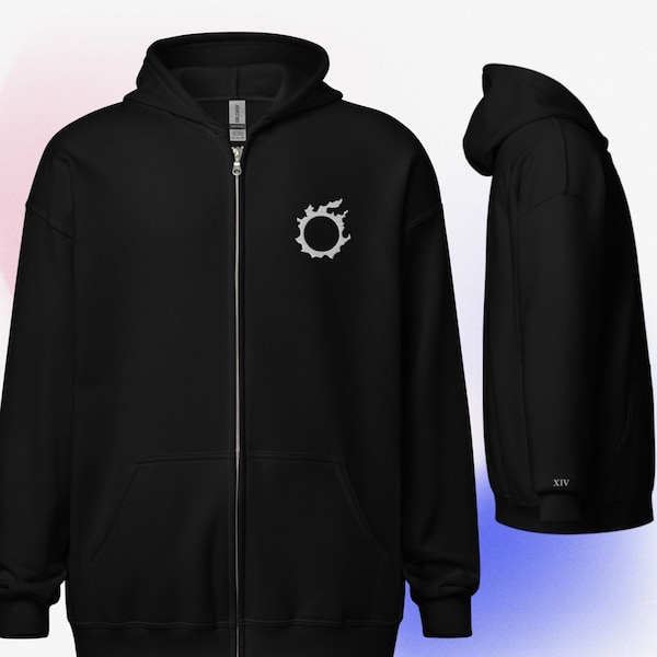 Geborduurde FFXIV - uniseks hoodie met rits - logo en XIV rechterondermouw (meerdere kleuren)