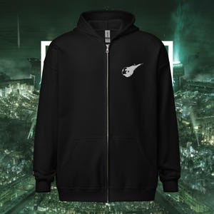 May include: Black zip-up hoodie with a white graphic of the iconic Final Fantasy VII  'Buster Sword' logo.