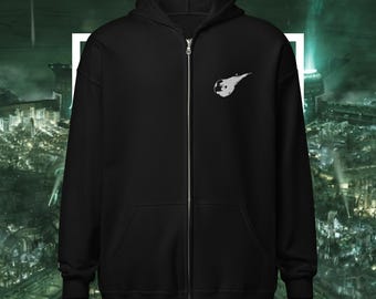 Sudadera con capucha unisex con cremallera y bordado de FFVII - Logotipo y VII en la parte inferior derecha de la manga (varios colores)