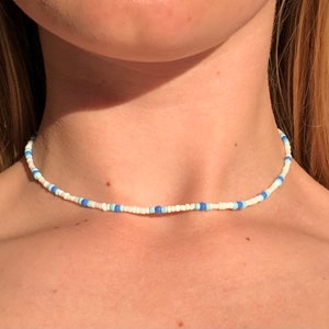 Blue and white handmade seed bead necklace choker pinterest inspired