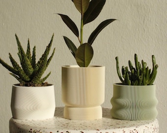 Set of 3 small 3D printed plant pots HOMER, MAYLA, ELIF in pistacco green, almond cream & white