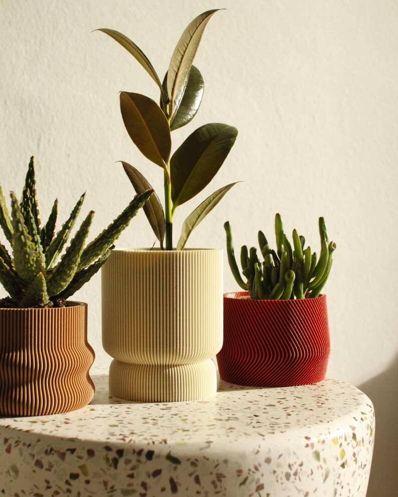 Set of 3 small 3D printed plant pots HOMER, MAYLA, ELIF in almond cream, wood & amarena red image 5