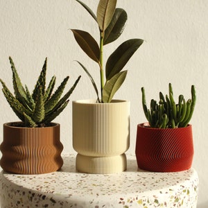 Set of 3 small 3D printed plant pots HOMER, MAYLA, ELIF in almond cream, wood & amarena red image 2