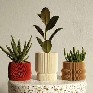 Set of 3 small 3D printed plant pots HOMER, MAYLA, ELIF in almond cream, wood & amarena red image 9