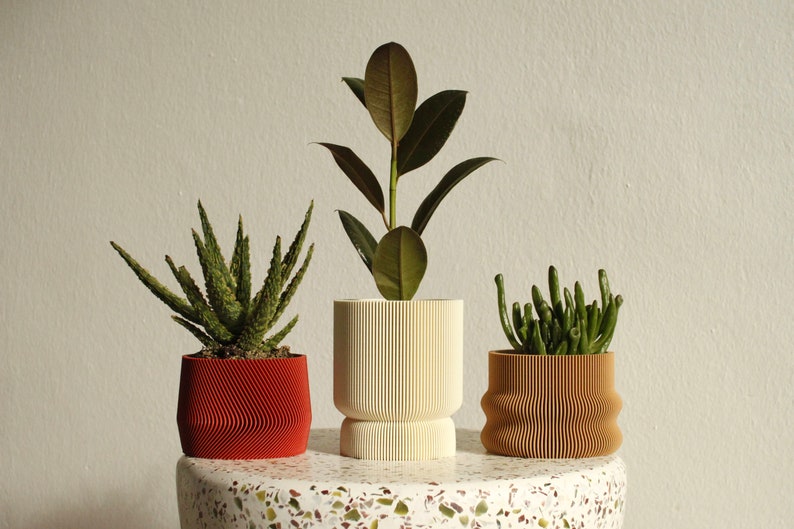 Set of 3 small 3D printed plant pots HOMER, MAYLA, ELIF in almond cream, wood & amarena red image 9