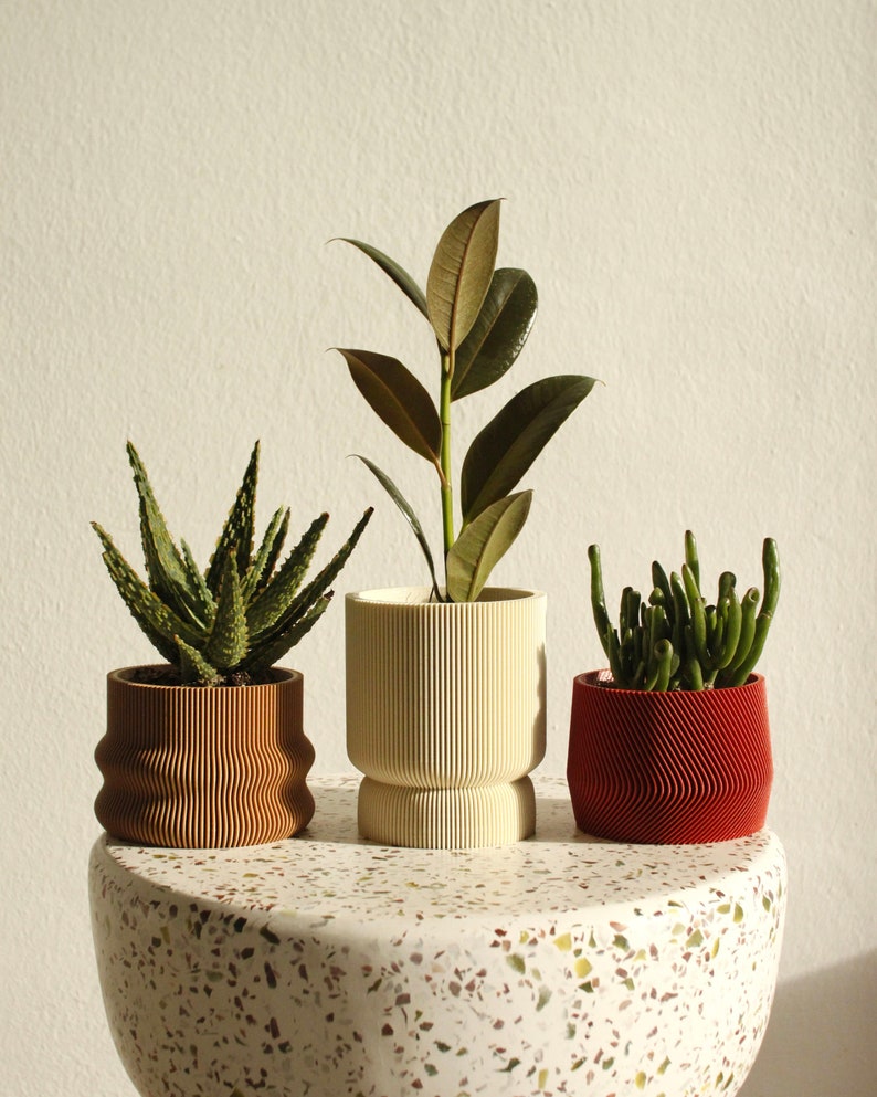 Set of 3 small 3D printed plant pots HOMER, MAYLA, ELIF in almond cream, wood & amarena red image 1