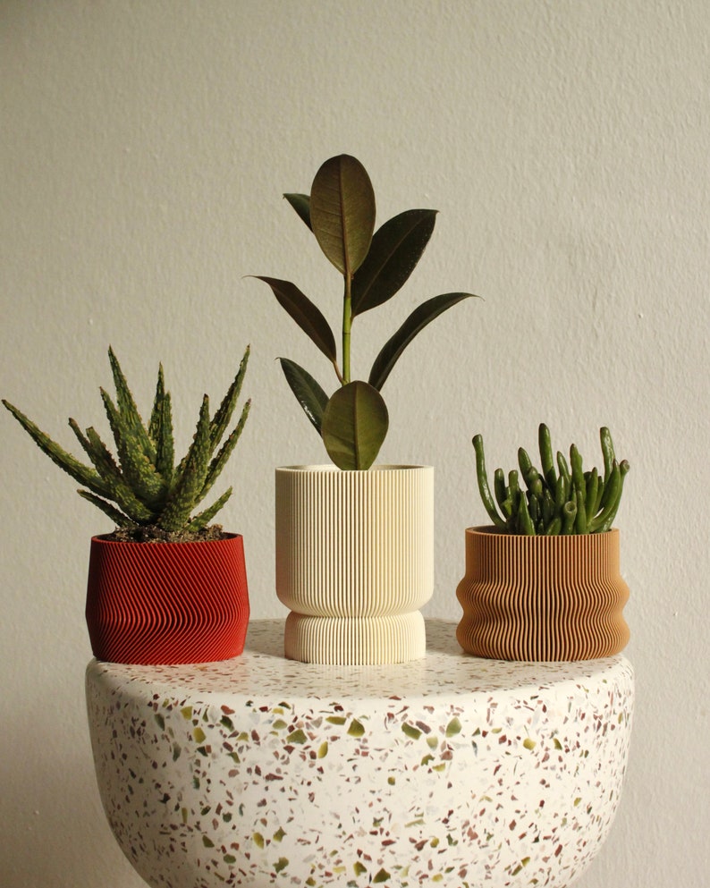 Set of 3 small 3D printed plant pots HOMER, MAYLA, ELIF in almond cream, wood & amarena red image 7