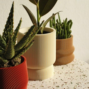 Set of 3 small 3D printed plant pots HOMER, MAYLA, ELIF in almond cream, wood & amarena red image 3