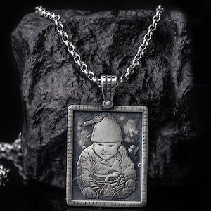 Solid SILVER Chain, ENGRAVED Photo, PORTRAIT Necklace, 925 Silver Cute Rectangular personalized Medallion Unique Gift for Loved Ones