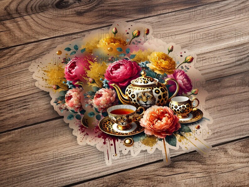 Leopard Print Tea Set Watercolor Floral Art, Botanical Tea Time Print