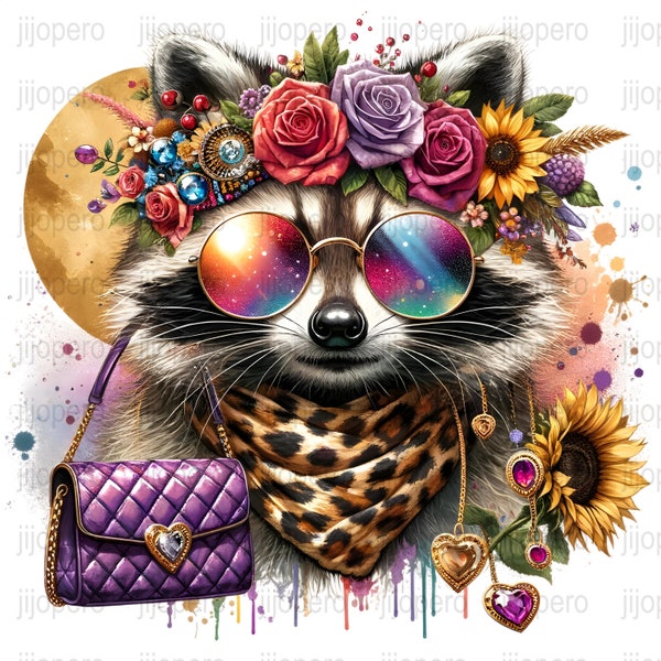 Boho Raccoon Digital Art, PNG Download, Floral Raccoon, Sunglasses Animal, Hipster Raccoon Wall Art, Printable Nursery Decor, Cute Woodland