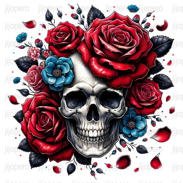 Gothic Skull and Roses Art, Digital Print PNG, Red Floral Skull Illustration, Tattoo Style Home Decor, Instant Download Wall Art