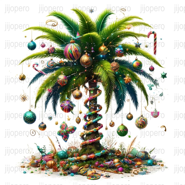 Christmas In July PNG, Tropical Palm Tree with Ornaments, Festive Holiday Decor Digital Art for Download