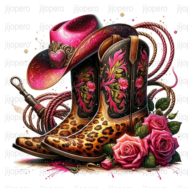 Western Cowboy Boot PNG, Floral Cowgirl Boot Clipart, Digital Download Rodeo Design, Country Western Wear Illustration, Pink Roses Art